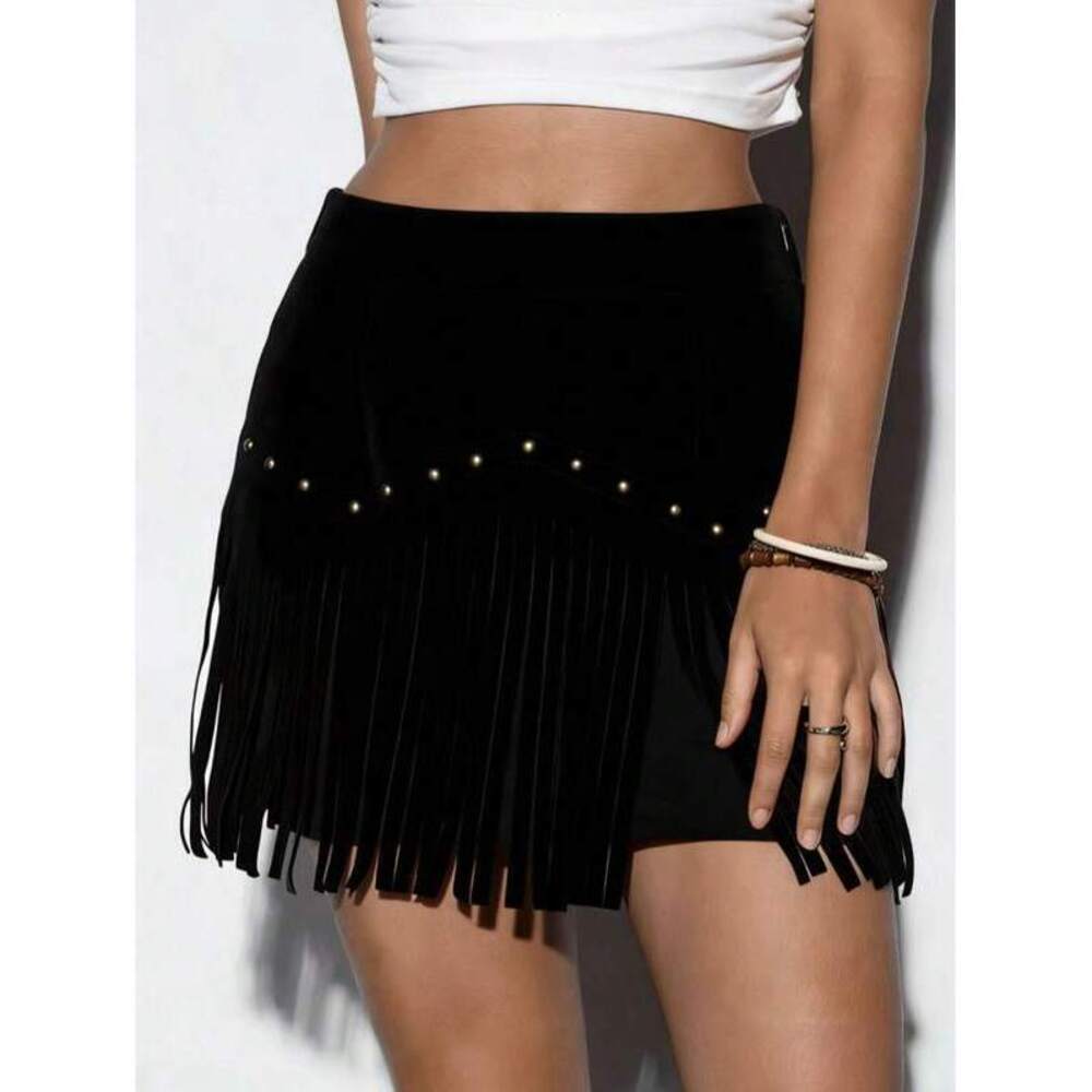 Women's Vintage Fringe Hem A-Line Skirt - Solid Brown Short Style, Fitted Silhou - Picture 3 of 6
